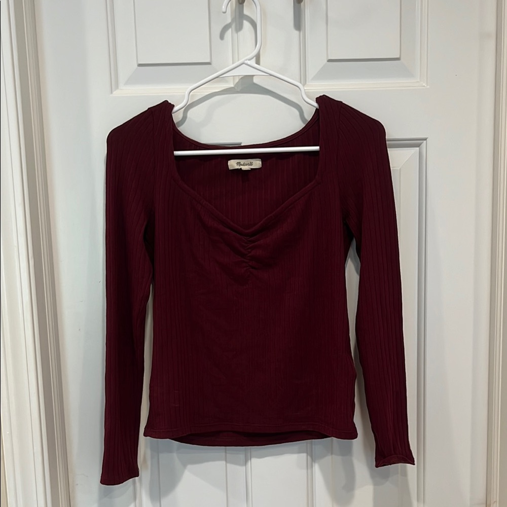 Madewell Red Ruched Fitted Long Sleeve Blouse